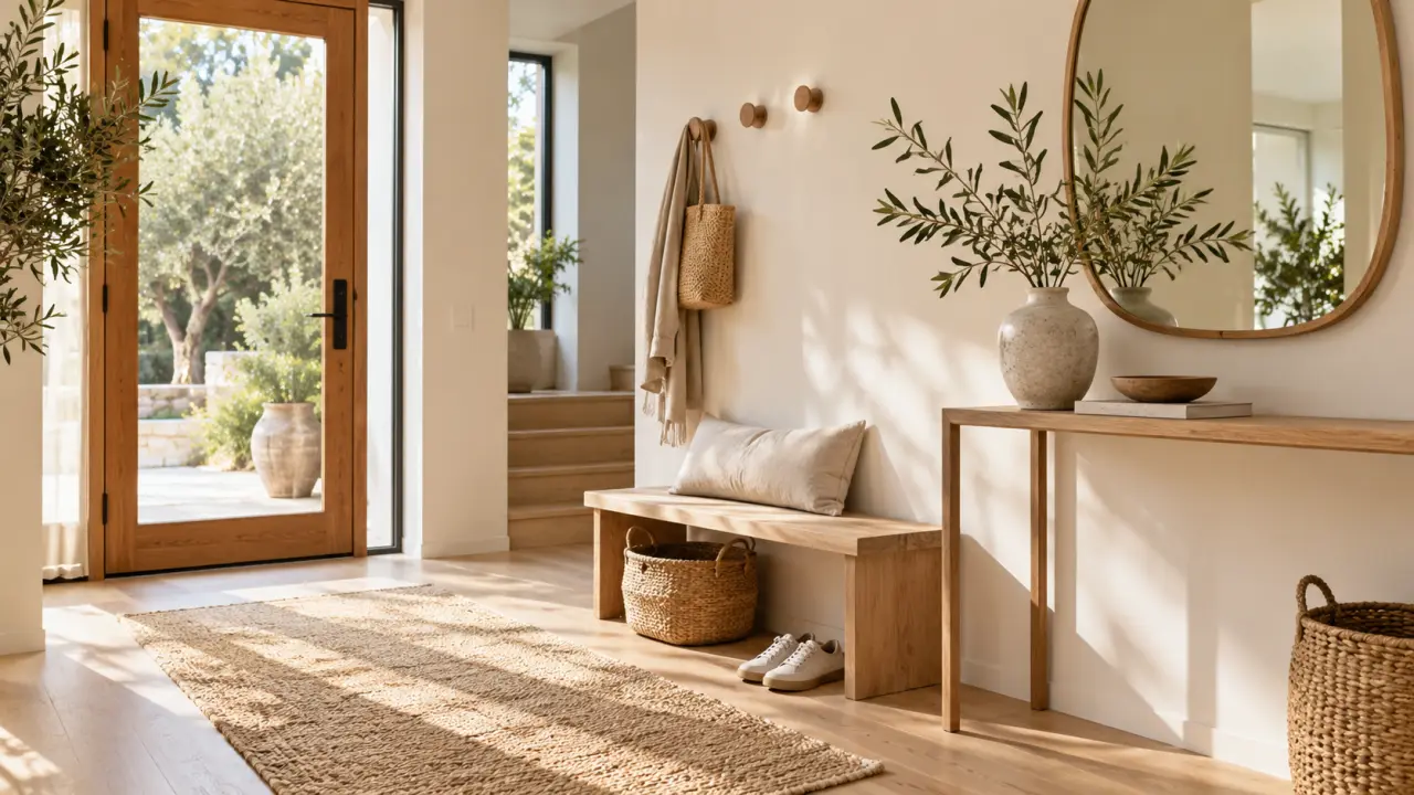 Entrée lumineuse inspirée du style Japandi, avec banc en bois, miroir et rangement discret