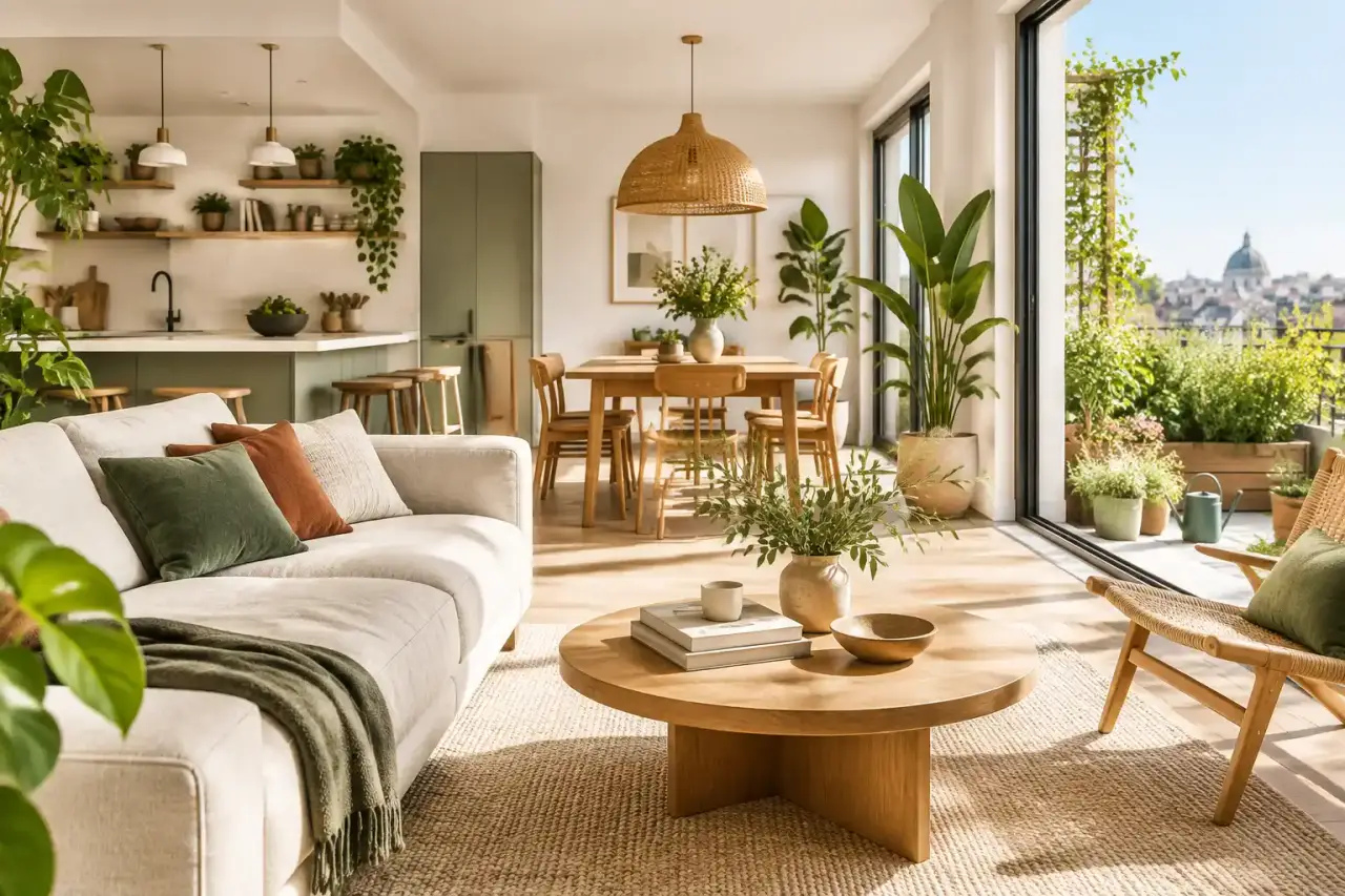 Intérieur minimaliste et chaleureux, salon lumineux style Japandi