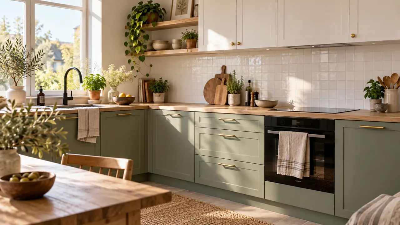 Cuisine lumineuse relookée avec façades claires, poignées discrètes et plan de travail en bois